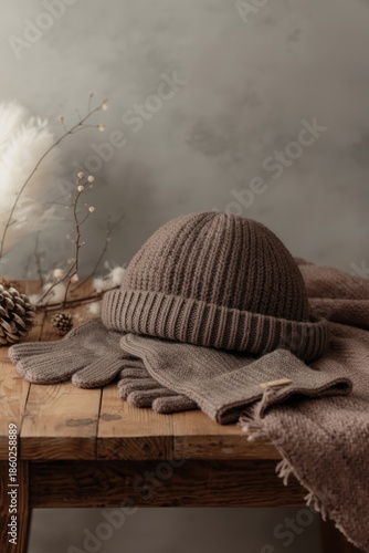 Cozy winter accessories on wooden table