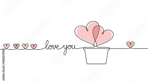 Continuous one-line drawing illustration depicting delicate hearts in a plant pot with 'love you' text, symbolizing affection and romantic connection
