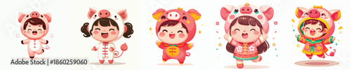 Vector of a child wearing a pig zodiac costume. Vector, minimalist, illustration, icon set.