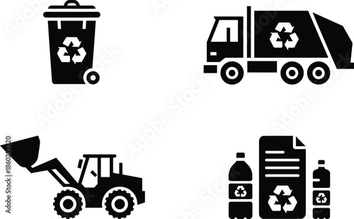 Recycling and waste management icon set with trash bin truck loader documents bottles flat black vector illustration
