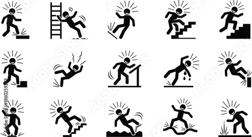 Safety hazard and accident warning icons showing slipping falling tripping workplace risk situations flat black vector illustration