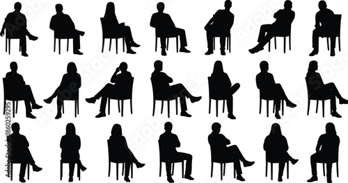 Seated people silhouettes collection with men and women sitting on chairs different poses flat black vector illustration set