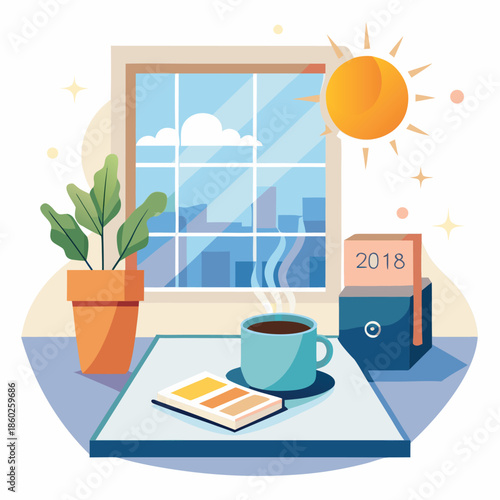 Cup of coffee on a table by the window in a modern office vector illustration