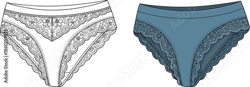 Women lace panties illustration in outline and colored styles elegant feminine lingerie fashion flat vector design isolated