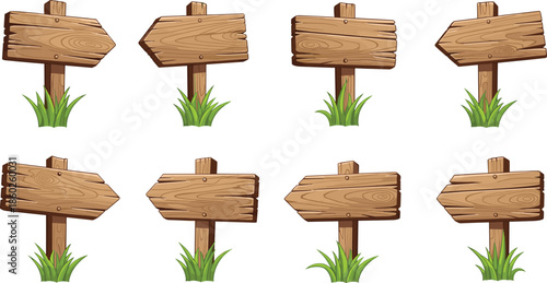 Wooden direction signboards set with arrow shapes grass base rustic cartoon style isolated vector illustration collection