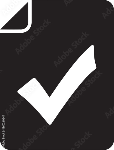 A black and white icon of a document with a checkmark