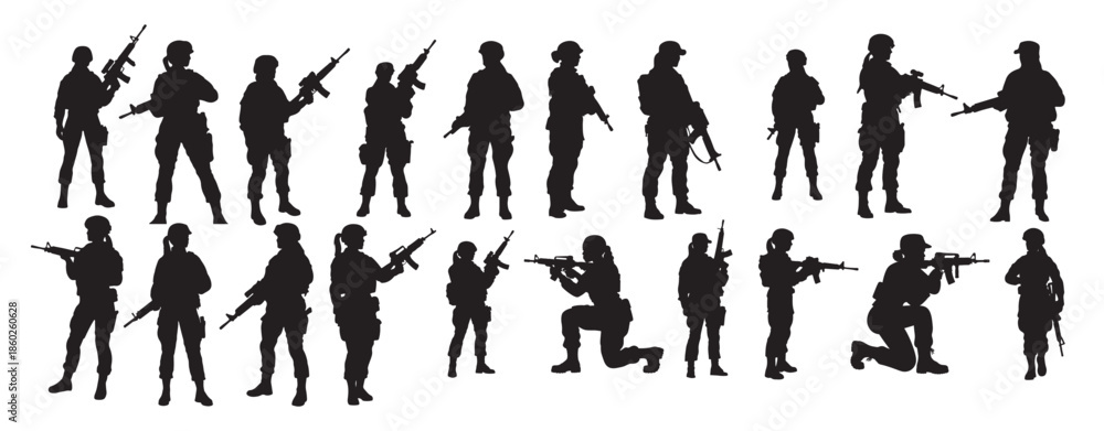 Obraz premium female soldiers silhouette white background