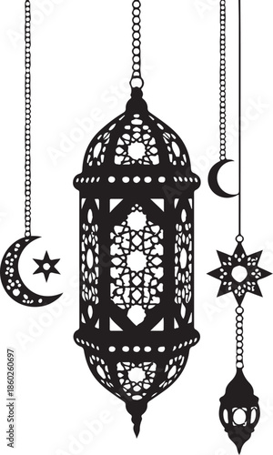 Islamic Lantern Ornate Hanging with Crescent Moon and Star Silhouette Isolated on White