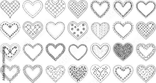 Black and White Line Art Illustration of Assorted Decorative Hearts, Valentine's Day Theme