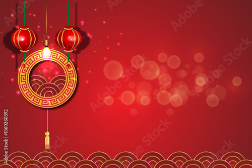Chinese New Year red background with lanterns, paper art and craft style