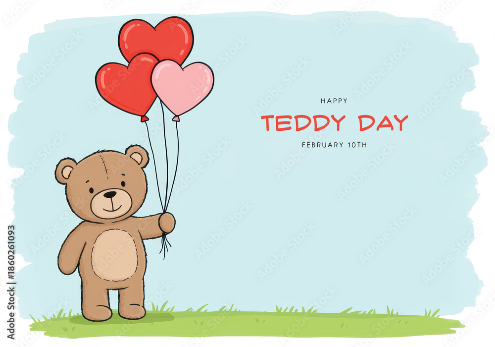 Fototapeta premium Cartoon teddy bear holding red and pink heart balloons over grass illustration cute