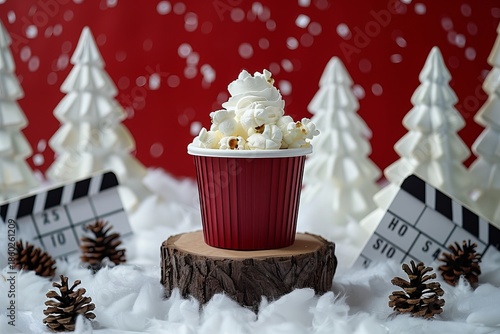 Festive cinema themed centerpiece  popcorn bucket with pine cones and holiday clapperboard decor