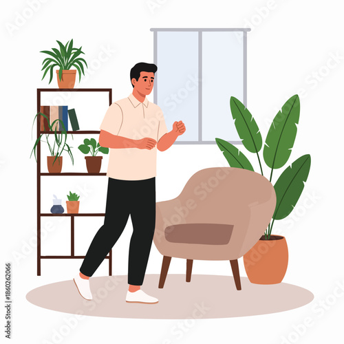 Man jogging in a cozy living room with plants and a chair