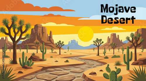Mojave Desert features expansive sandy plains, rugged rock formations, sparse vegetation, and open horizons, symbolizing classic American desert scenery and vast untamed wilderness environments