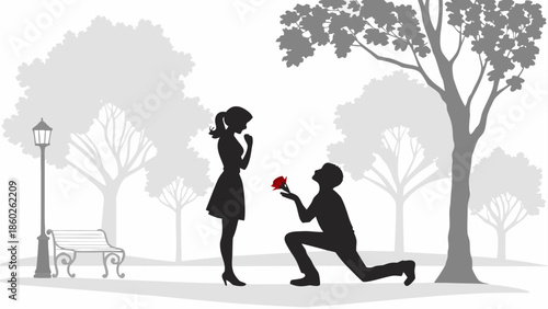Man proposing to woman in park with romantic gesture