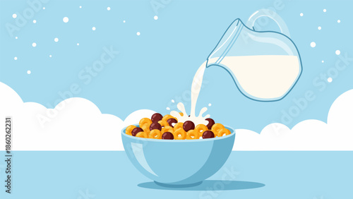 Starting the Day Right Fresh Milk Cascading into a Vibrant Bowl of Golden and Chocolate Cereal, Creating a Refreshing and Wholesome Breakfast Scene, Perfect for a Healthy Morning