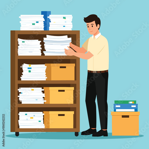 Man organizing documents on a shelf with files and papers in an office environment from a front viewpoint