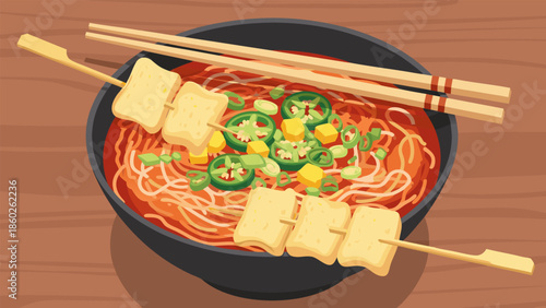 Vibrant illustration of spicy Asian noodles featuring savory fish cakes on skewers, garnished with green onions and chili peppers, a delicious and tempting meal