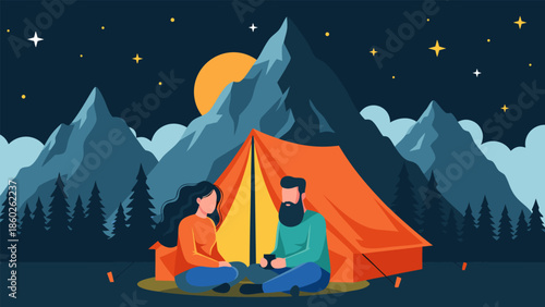 Idyllic outdoor camping night under a starlit sky, featuring a couple relaxing by their tent amidst a picturesque mountain and forest landscape, perfect for nature escapism and adventure