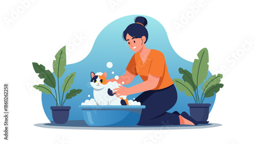Caring owner giving a refreshing bath to her pet cat in a bubbly tub, emphasizing clean animal care and joyful home routine