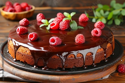Indulge in a rich chocolate cake adorned with fresh raspberries and velvety chocolate glaze