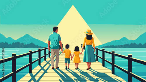 Family journey on a sunlit pier towards a bright future, symbolizing hope, togetherness, and new adventures by the tranquil lake