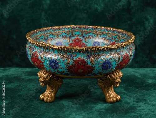 Intricate cloisonne bowl with lion feet