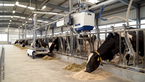 Cows eating feed in a modern barn, automated feeding system visible, industrial setting