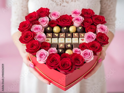 Una mujer vestida de vestido blanco sostiene una caja de corazones rojos que contiene rosas y chocolate.