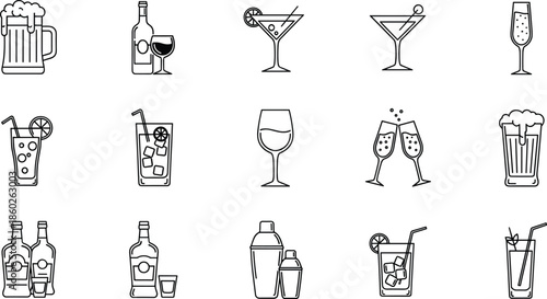 Alcohol drink line icon set, cocktail wine beer glass collection, bar beverage symbols, minimal black white outline vector illustration