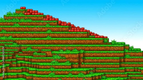 Pixelated hill design featuring layered levels, grassy edges, and red blocks with a blue sky background