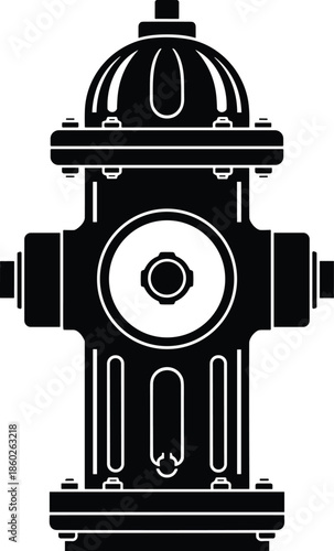 Black fire hydrant silhouette vector illustration, urban emergency water supply icon, minimal flat design, isolated on white background for city safety signage graphic