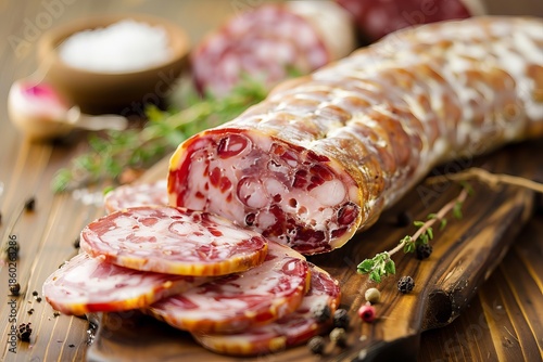 Rustic charcuterie board with artisan salami, thyme, and peppercorns for a delectable spread