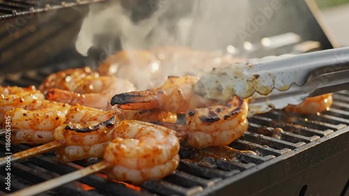 Grilled skewered shrimp cooked on a barbecue with sizzling details
