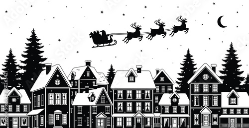 Christmas town vector, winter night illustration, Santa sleigh drawing, reindeer flying design, festive holiday art, snowy rooftops, pine trees, crescent moon 