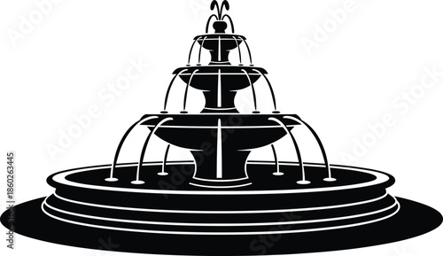 Classic tiered fountain silhouette vector illustration, decorative water fountain icon, urban park architecture symbol, isolated black design on white background