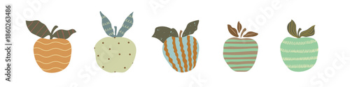 Set of five hand drawn abstract apple on white background. Vetor illustration cartoon apple with lines, dots and spots.