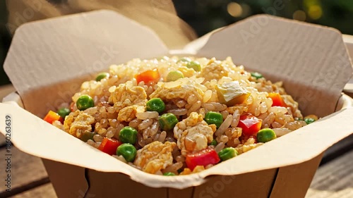 Prepared rice dish with vegetables in a cardboard container