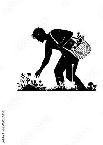 Urban Foraging Silhouette of Person Gathering Wild Food in City Park for Local Flavor and Sustainable Nature Connection Lifestyle Concept Vector