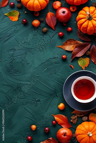 Cozy autumn vibes with tea, pumpkins, and colorful leaves on a textured green background