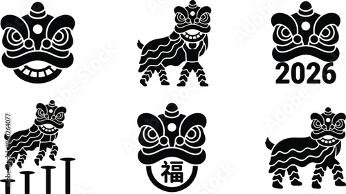  set of chinese new year   lion dance  silloute icon 2026 lunar new year icon set  spring fastival  tradition performance  symbole , minimalist  black vector graphice for spring fastival celebration  