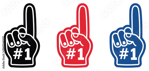 Bold foam finger hand sign with number one gesture, outline vector icon symbolizing fan support, cheering, competition, sports events, team spirit, and victory concepts for digital design