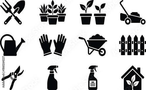 Gardening tools silhouette vector illustration, potted plants icons, lawn care equipment, landscaping elements, eco house symbol, garden accessories design, horticulture graphics, plant care 