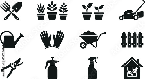 Gardening tools silhouette vector illustration, potted plants icons, lawn care equipment, landscaping elements, eco house symbol, garden accessories design, horticulture graphics, plant care art