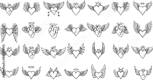 Black and White Line Art Collection of Winged Hearts and Anatomical Hearts for Love and Valentine's Day Themes