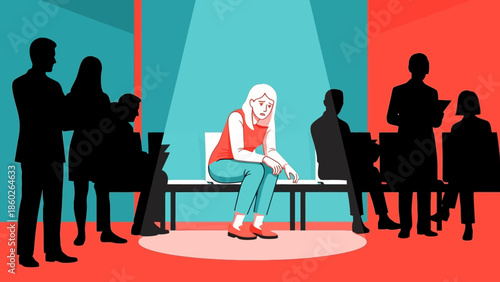 Woman sitting alone on a bench surrounded by people in a vibrant indoor setting