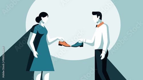 Man and woman exchanging bags in a dimly lit environment with a spotlight