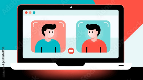 Two individuals engaging in a video conference on a laptop with a modern graphic background