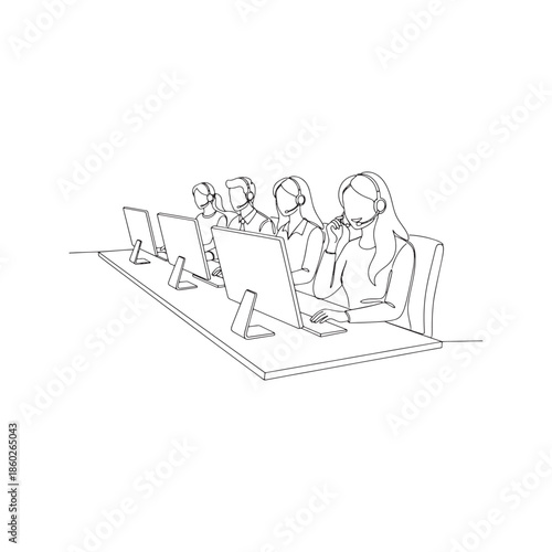 Continuous line drawing of call center agents working at computers, vector illustration of customer support team wearing headsets in minimalist style
