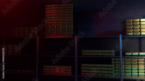 Generic gold reserve vault with stacks of gold bars. Bank vault with gold and cash. 3d rendering